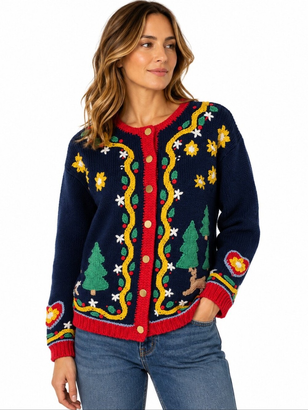 Vintage Orvis Embroidered Cardigan M Gold Button 80s Christmas Holiday Festive